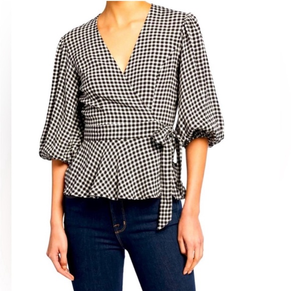 GANNI: GINGHAM WRAP-AROUND BLOUSE - Picture 2 of 5